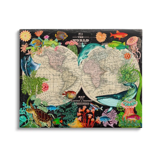 Stupell Industries Vintage World Hemisphere Map Vibrant Marine Animal Illustrations Canvas Wall Art